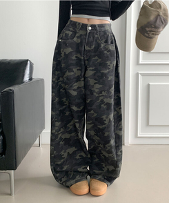 모튼 카모 사이드핀턱 밀리터리 롱 와이드팬츠 그레이