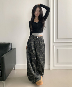 모튼 카모 사이드핀턱 밀리터리 롱 와이드팬츠 그레이