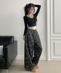 모튼 카모 사이드핀턱 밀리터리 롱 와이드팬츠 그레이