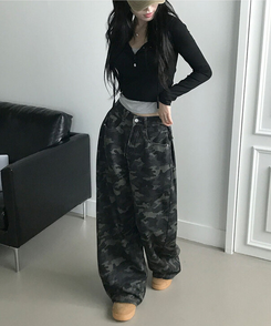 모튼 카모 사이드핀턱 밀리터리 롱 와이드팬츠 그레이