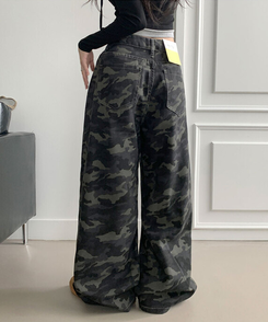 모튼 카모 사이드핀턱 밀리터리 롱 와이드팬츠 그레이