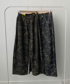 모튼 카모 사이드핀턱 밀리터리 롱 와이드팬츠