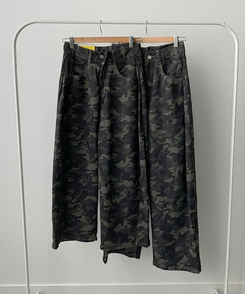 모튼 카모 사이드핀턱 밀리터리 롱 와이드팬츠