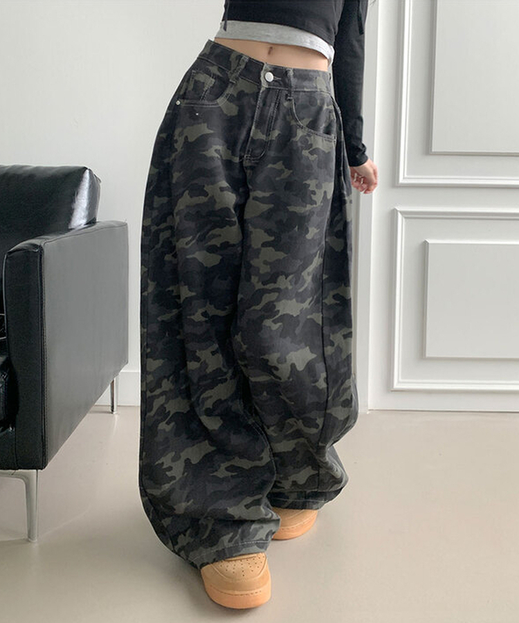 모튼 카모 사이드핀턱 밀리터리 롱 와이드팬츠 그레이