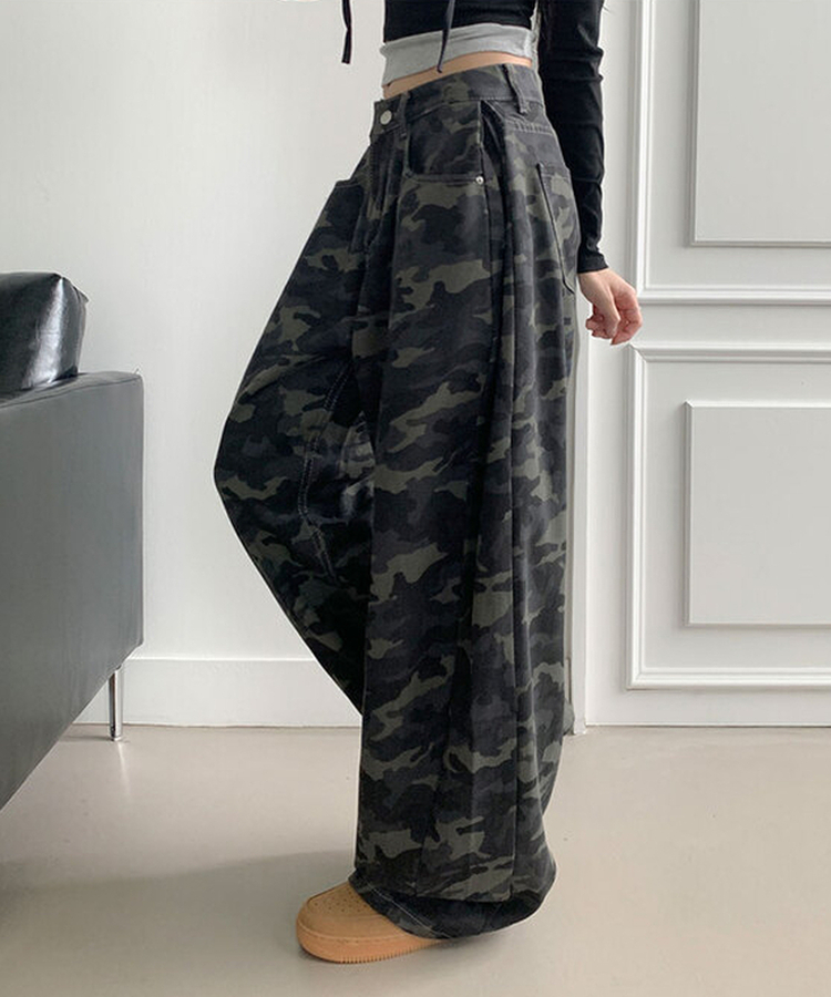 모튼 카모 사이드핀턱 밀리터리 롱 와이드팬츠 그레이