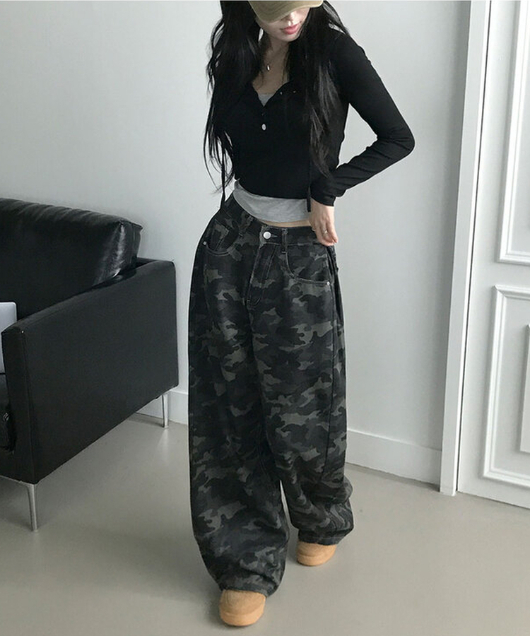 모튼 카모 사이드핀턱 밀리터리 롱 와이드팬츠 그레이