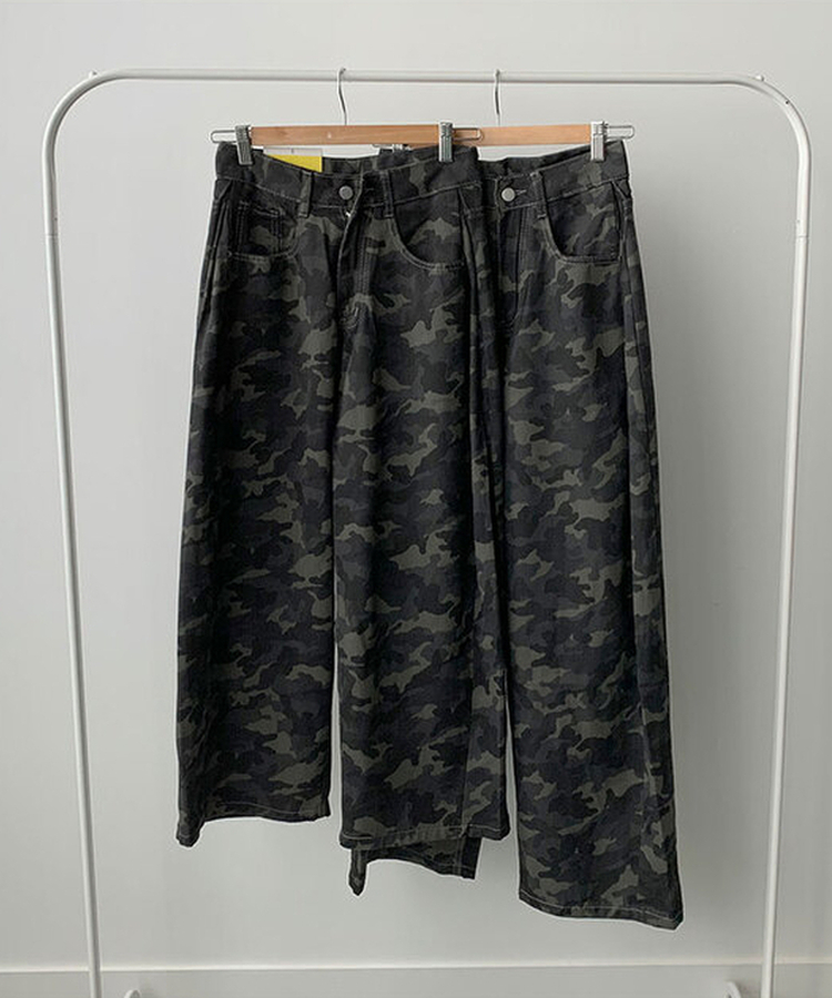 모튼 카모 사이드핀턱 밀리터리 롱 와이드팬츠