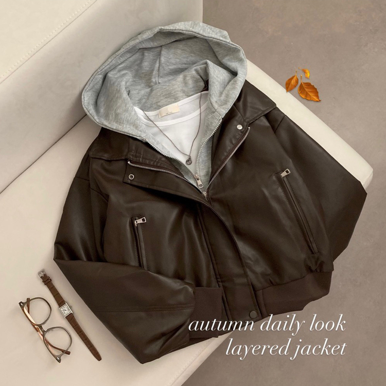 후드 레이어드 가죽 자켓 후드집업 가을 가을옷 가죽자켓 아우터