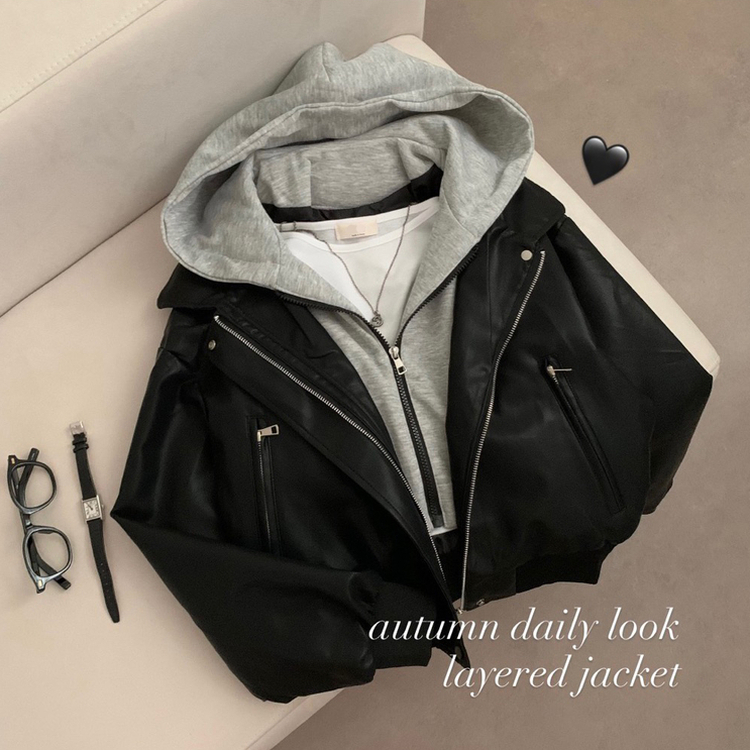 후드 레이어드 가죽 자켓 후드집업 가을 가을옷 가죽자켓 아우터