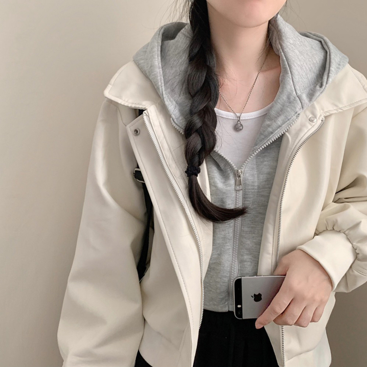 후드 레이어드 가죽 자켓 후드집업 가을 가을옷 가죽자켓 아우터 화이트