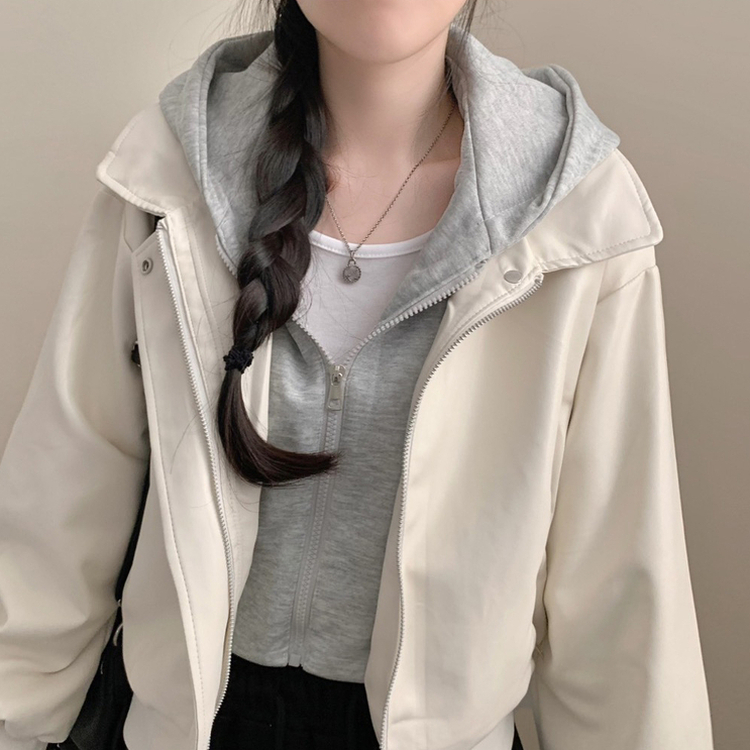 후드 레이어드 가죽 자켓 후드집업 가을 가을옷 가죽자켓 아우터 화이트