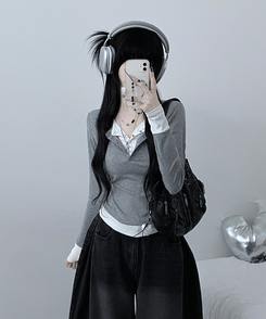 ボタンドットレイヤード長袖Tシャツ GREY