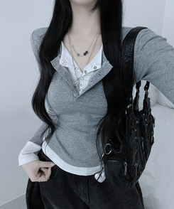 ボタンドットレイヤード長袖Tシャツ GREY