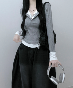 ボタンドットレイヤード長袖Tシャツ GREY