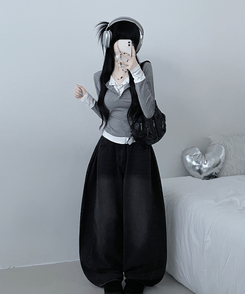 ボタンドットレイヤード長袖Tシャツ GREY