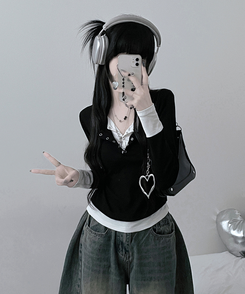 ボタンドットレイヤード長袖Tシャツ BLACK