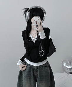 ボタンドットレイヤード長袖Tシャツ BLACK