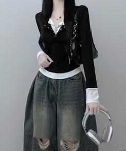 ボタンドットレイヤード長袖Tシャツ BLACK