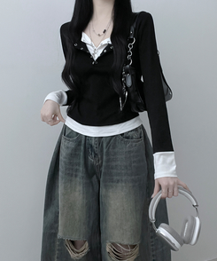 ボタンドットレイヤード長袖Tシャツ BLACK