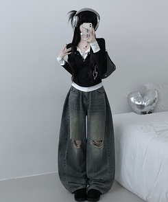 ボタンドットレイヤード長袖Tシャツ BLACK