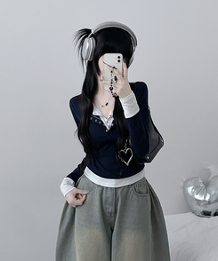 ボタンドットレイヤード長袖Tシャツ NAVY