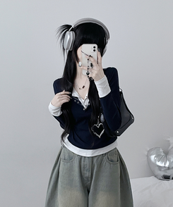 ボタンドットレイヤード長袖Tシャツ NAVY