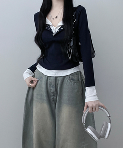 ボタンドットレイヤード長袖Tシャツ NAVY