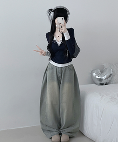 ボタンドットレイヤード長袖Tシャツ NAVY