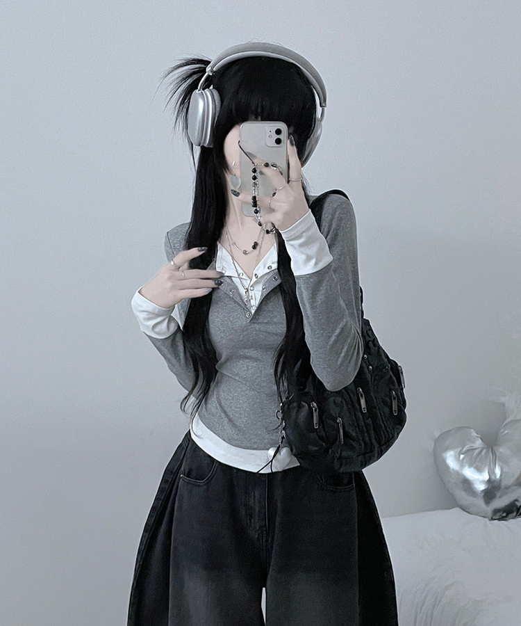 ボタンドットレイヤード長袖Tシャツ GREY