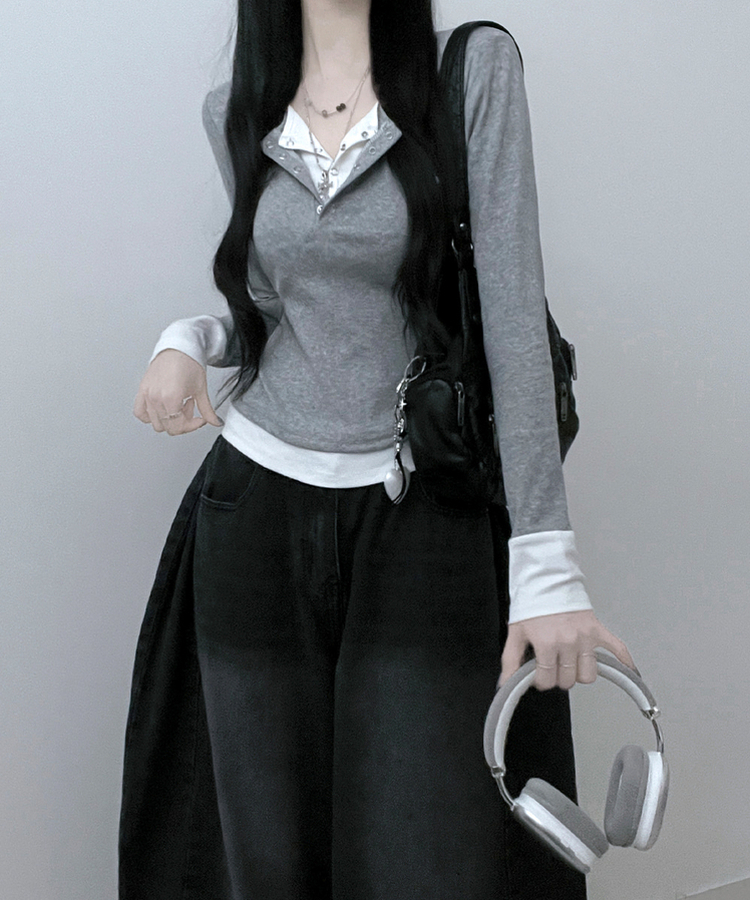 ボタンドットレイヤード長袖Tシャツ GREY