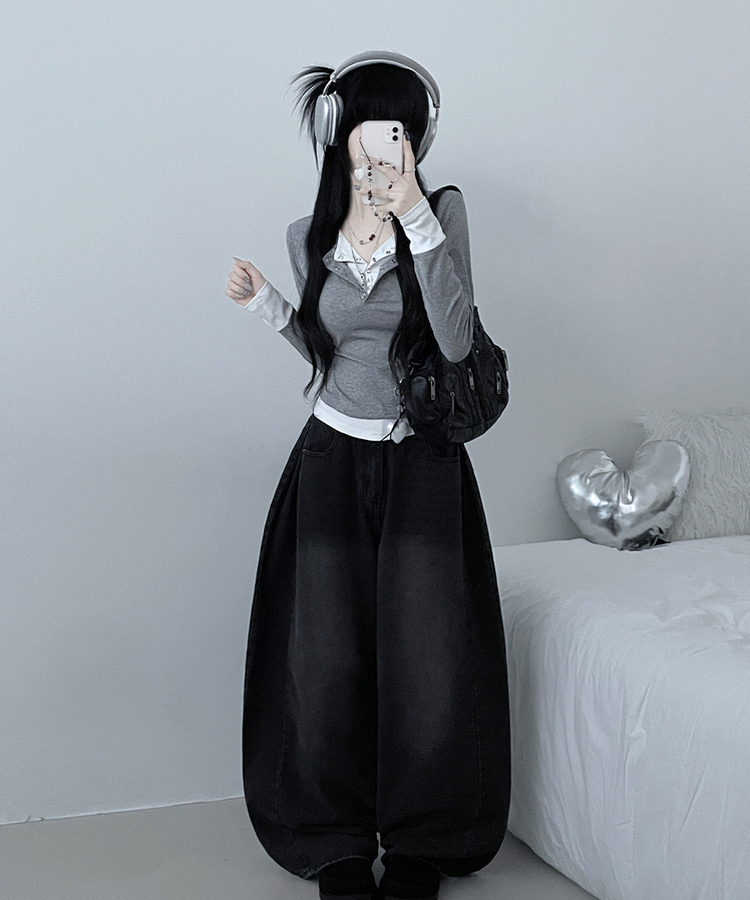 ボタンドットレイヤード長袖Tシャツ GREY