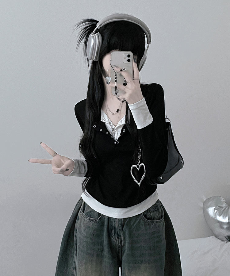 ボタンドットレイヤード長袖Tシャツ BLACK