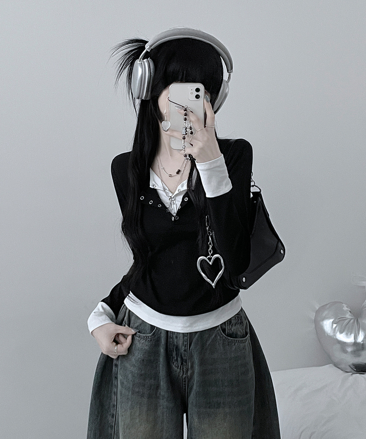 ボタンドットレイヤード長袖Tシャツ BLACK