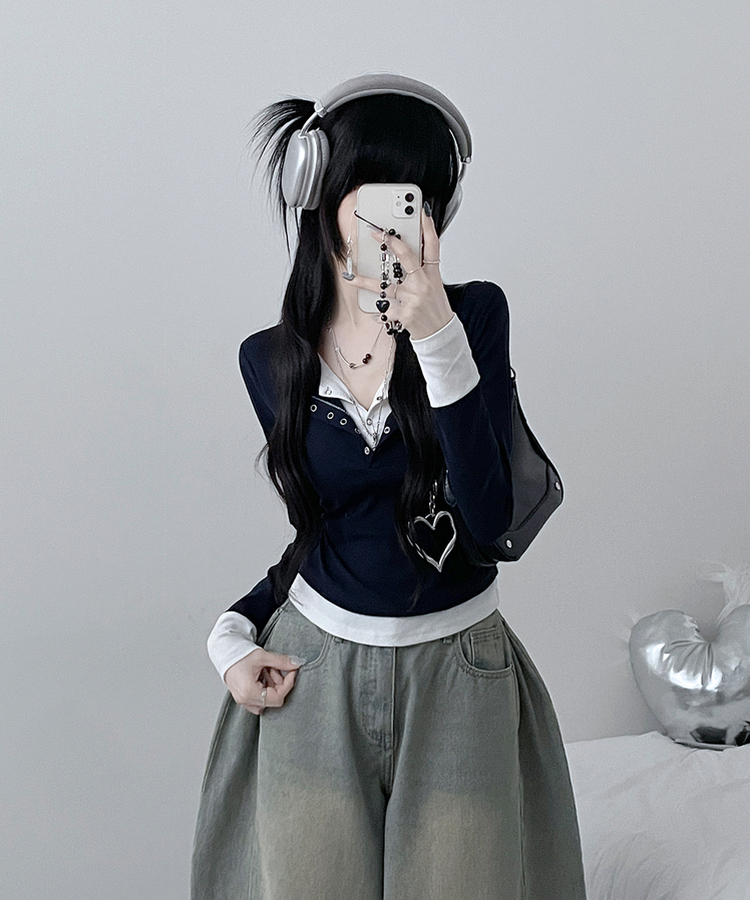 ボタンドットレイヤード長袖Tシャツ NAVY