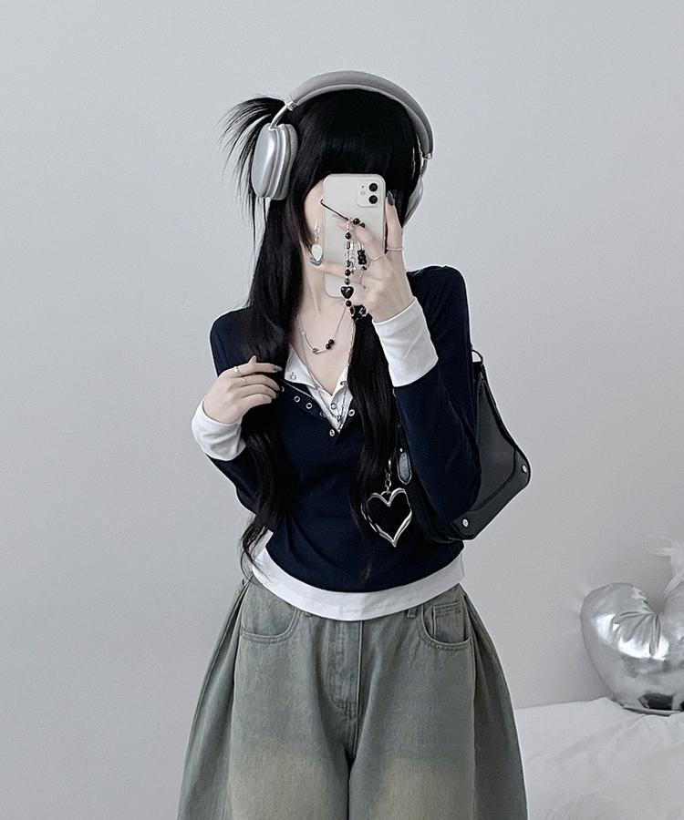 ボタンドットレイヤード長袖Tシャツ NAVY