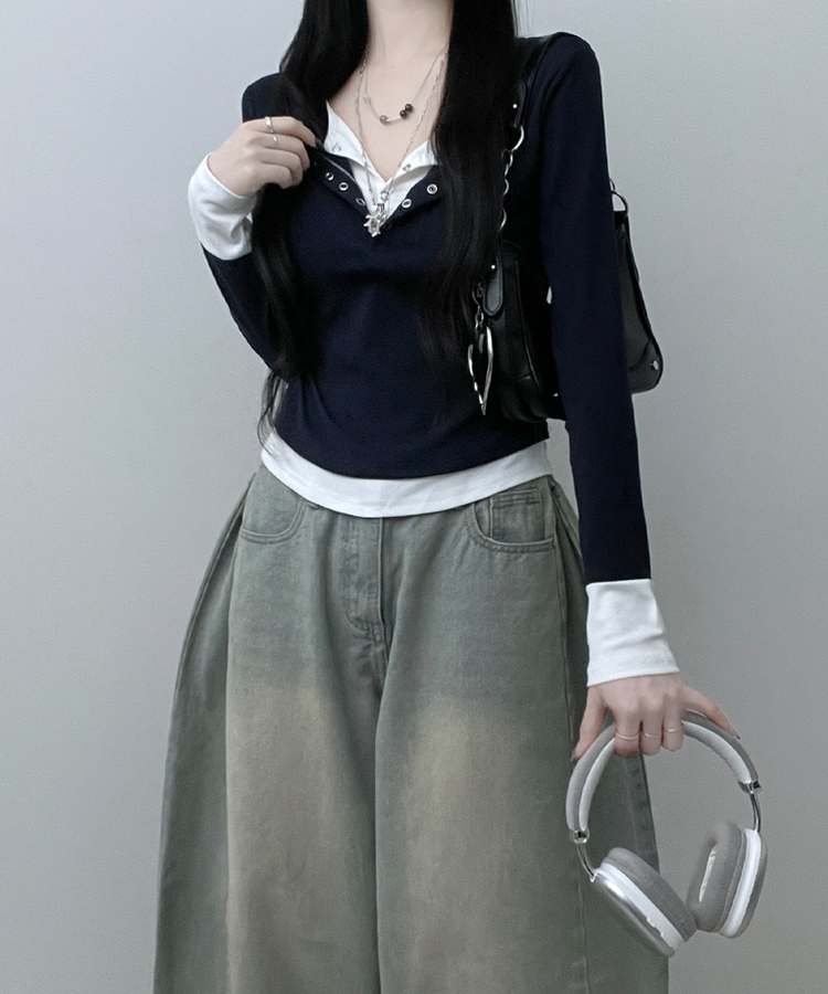 ボタンドットレイヤード長袖Tシャツ NAVY