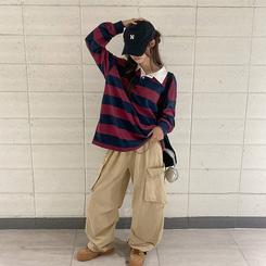 뉴딘 단가라 스트라이프 루즈핏 카라 긴팔 티셔츠 와인