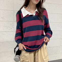 뉴딘 단가라 스트라이프 루즈핏 카라 긴팔 티셔츠 와인