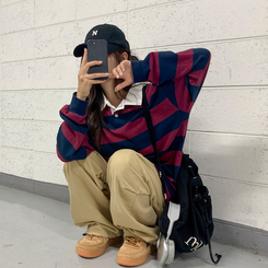 뉴딘 단가라 스트라이프 루즈핏 카라 긴팔 티셔츠 와인