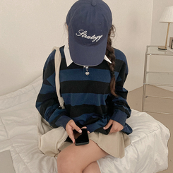 뉴딘 단가라 스트라이프 루즈핏 카라 긴팔 티셔츠 블루