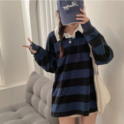 뉴딘 단가라 스트라이프 루즈핏 카라 긴팔 티셔츠 블루