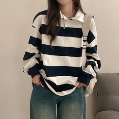 뉴딘 단가라 스트라이프 루즈핏 카라 긴팔 티셔츠 네이비