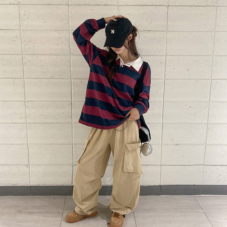 뉴딘 단가라 스트라이프 루즈핏 카라 긴팔 티셔츠 와인