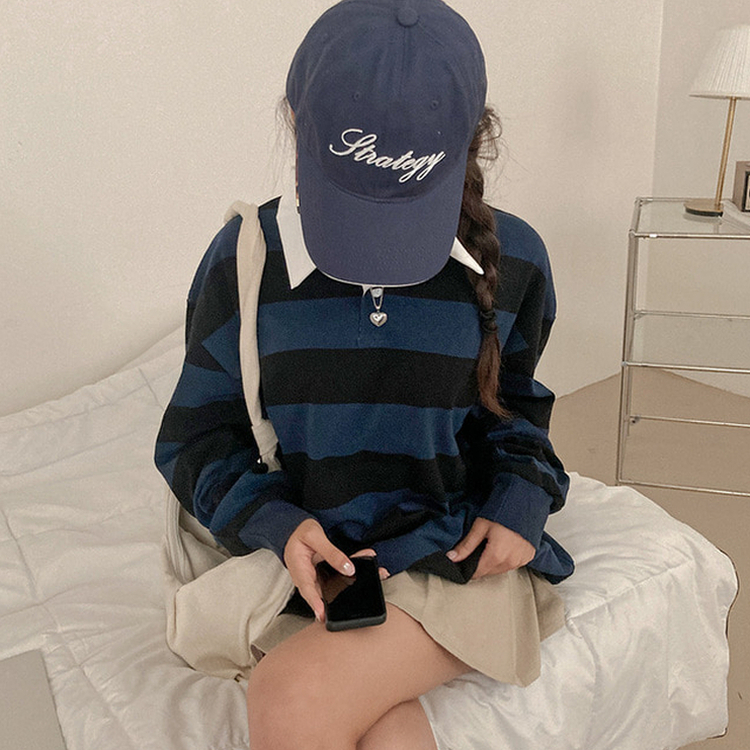 뉴딘 단가라 스트라이프 루즈핏 카라 긴팔 티셔츠 블루