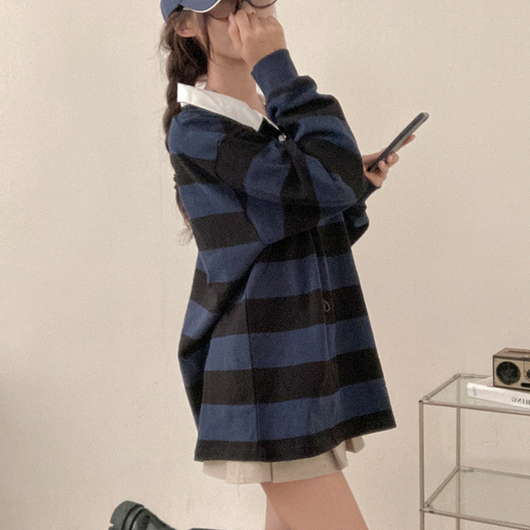 뉴딘 단가라 스트라이프 루즈핏 카라 긴팔 티셔츠 블루