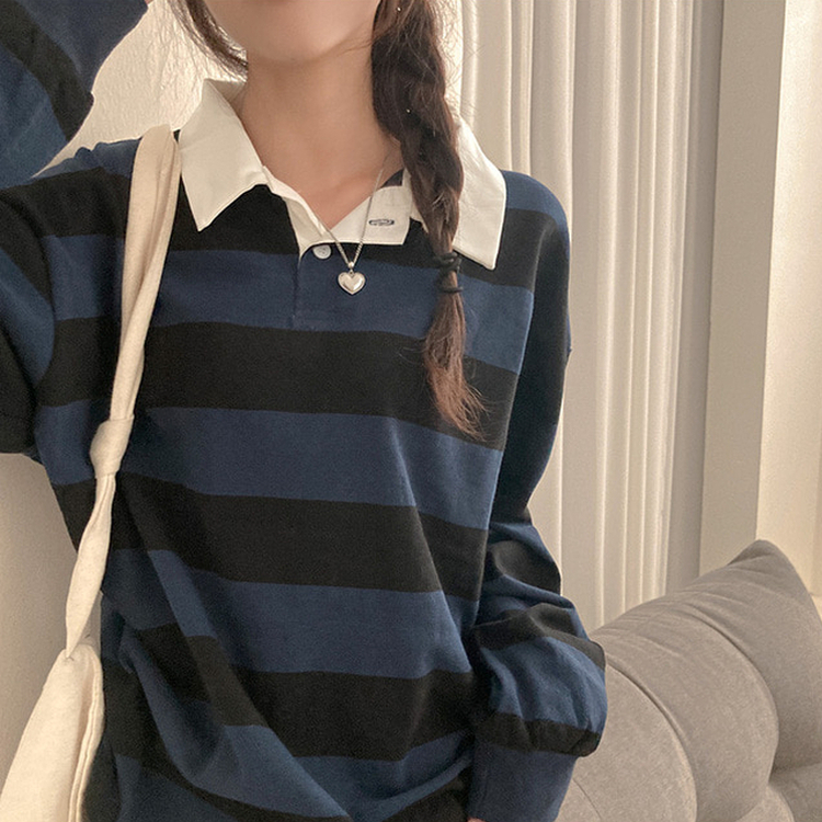 뉴딘 단가라 스트라이프 루즈핏 카라 긴팔 티셔츠 블루