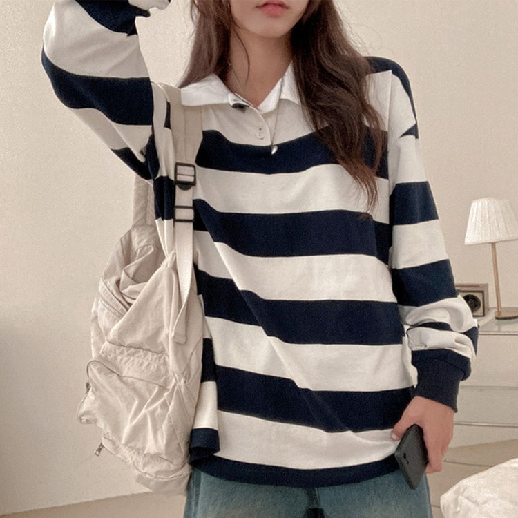 뉴딘 단가라 스트라이프 루즈핏 카라 긴팔 티셔츠 네이비