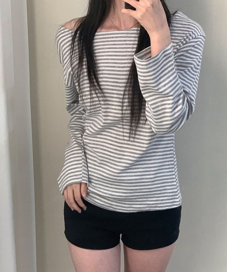 붙지 않는 레귤러핏 스탠다드 와이드넥 단가라 스트라이프 간절기 봄가을 긴팔티셔츠 t 3color 그레이