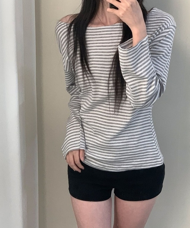 붙지 않는 레귤러핏 스탠다드 와이드넥 단가라 스트라이프 간절기 봄가을 긴팔티셔츠 t 3color 그레이