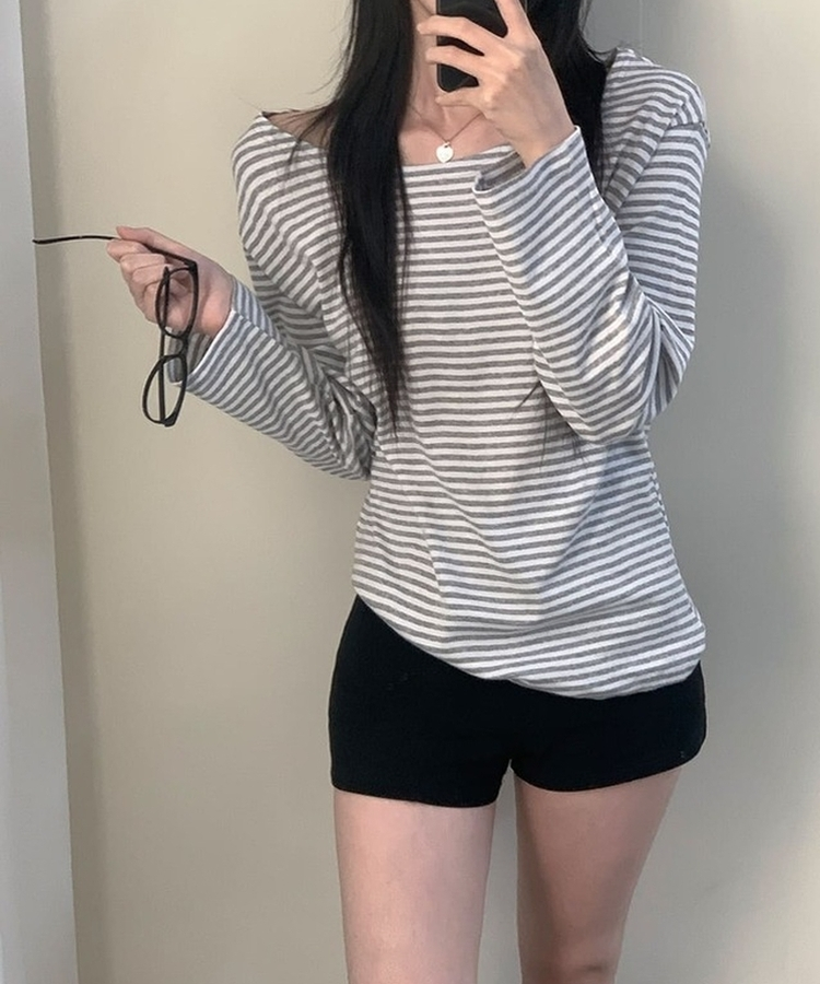 붙지 않는 레귤러핏 스탠다드 와이드넥 단가라 스트라이프 간절기 봄가을 긴팔티셔츠 t 3color 그레이